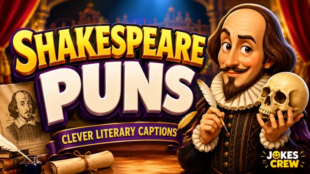 Shakespeare puns thumbnail with Shakespeare, a quill, books, and bold 3D typography