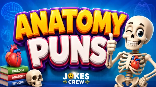 Anatomy Puns featured image with glossy 3D lettering and a cheerful skeleton mascot