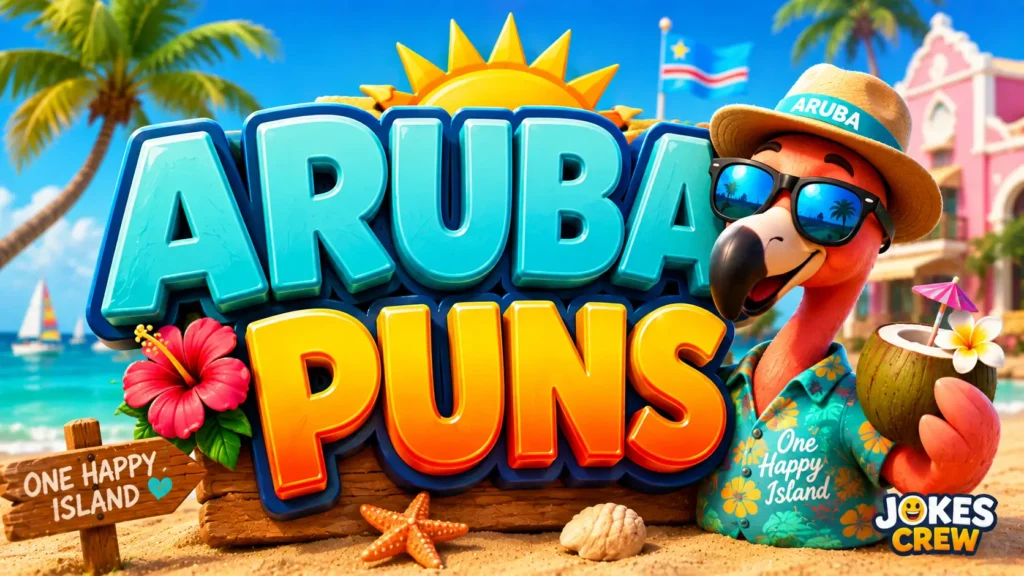 Aruba Puns featured image with tropical beach scenery, bold 3D lettering, and a cheerful flamingo mascot