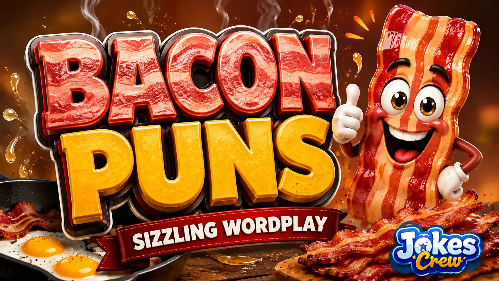 A vibrant featured image for Jokes Crew featuring large 3D text "bacon puns" and a smiling bacon mascot.