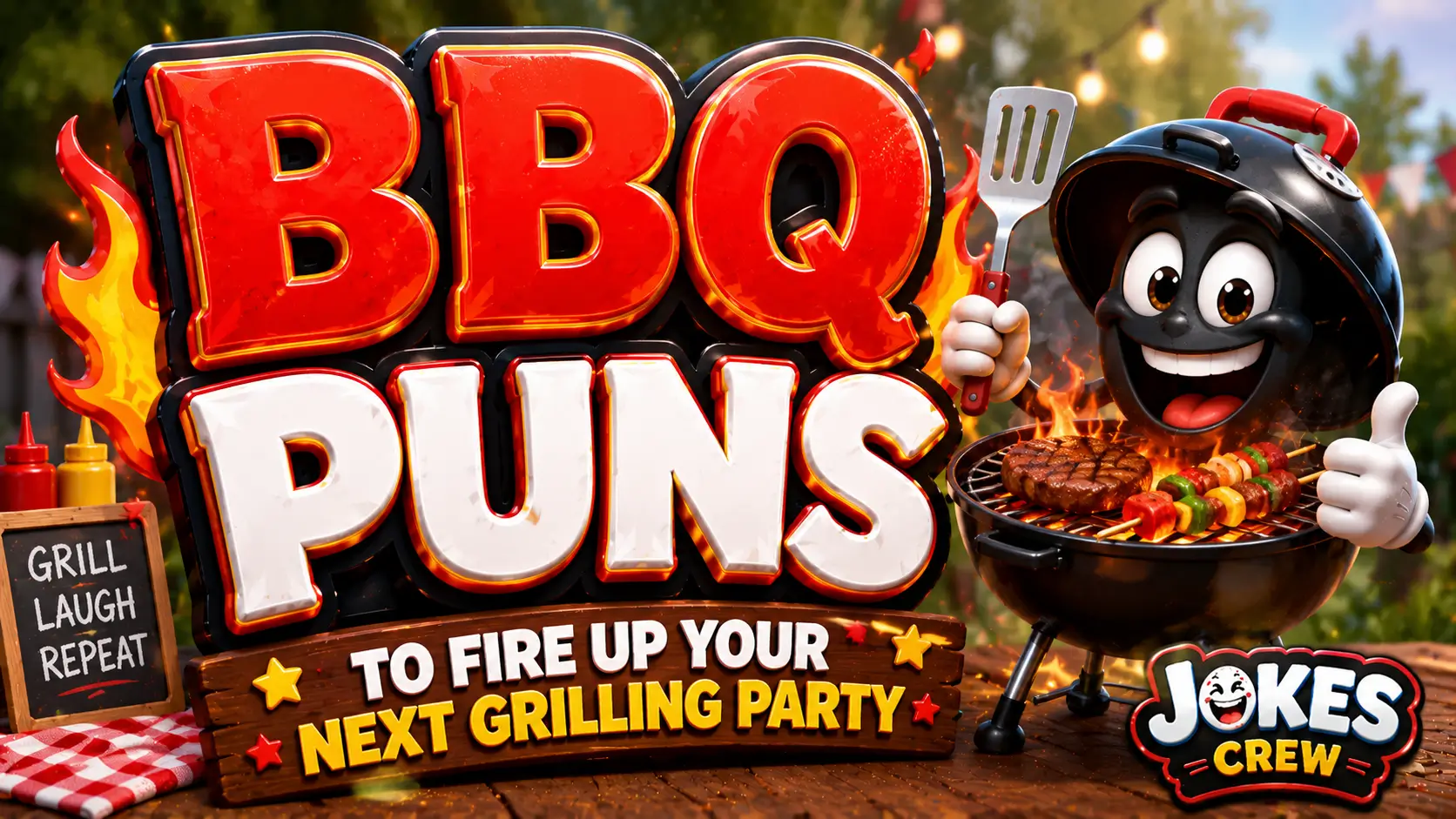 A vibrant featured image for Jokes Crew featuring large 3D text "BBQ PUNS" and a smiling grill mascot.