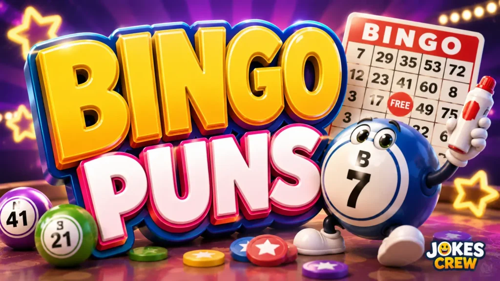 Bingo Puns featured image with bold 3D lettering, bingo balls, and a cheerful bingo mascot