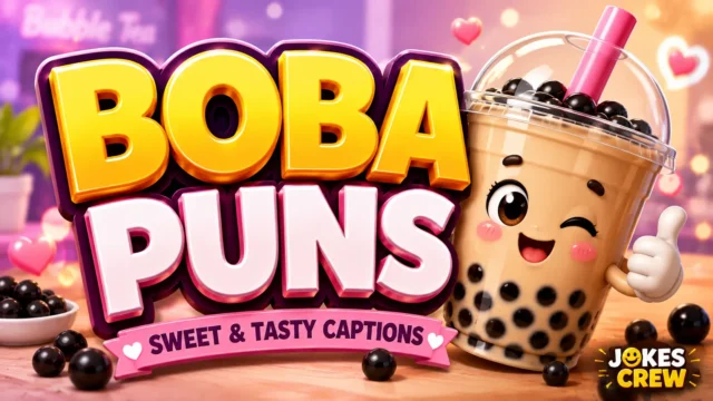Cute 3D boba drink mascot with bold boba puns typography