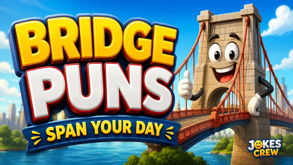 Bridge Puns thumbnail with a cheerful bridge mascot and bold 3D lettering