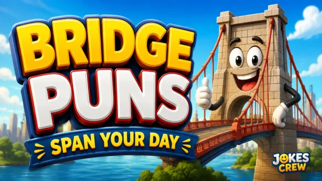 Bridge Puns thumbnail with a cheerful bridge mascot and bold 3D lettering