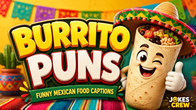 Colorful 3D burrito mascot with bold burrito puns typography