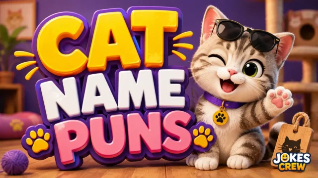 Cat Name Puns featured image with a playful kitten and bold colorful 3D lettering