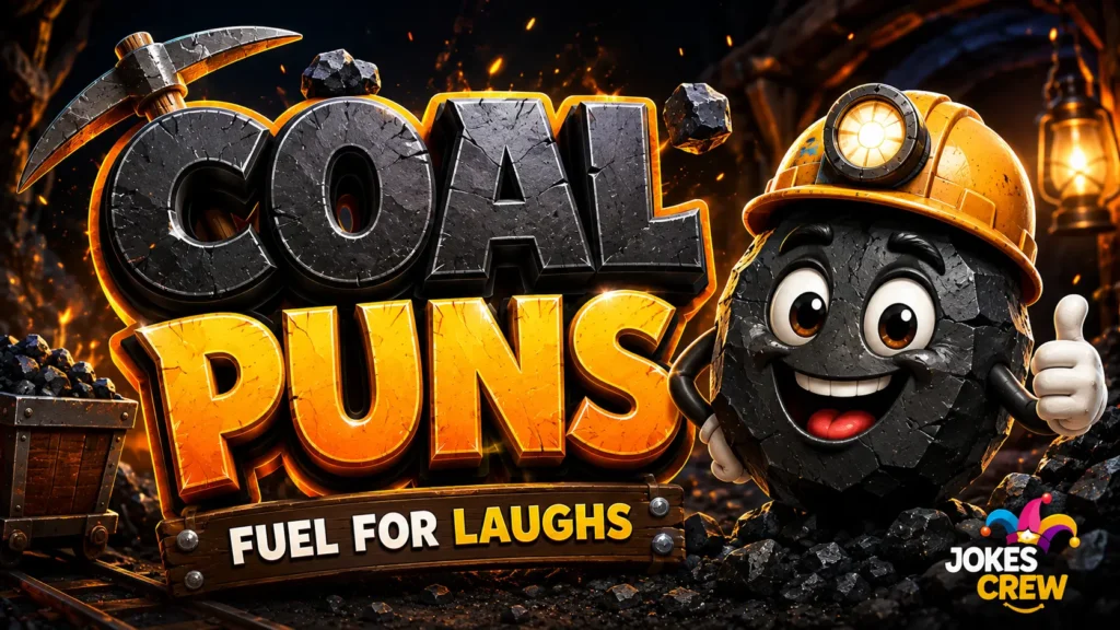 Coal puns thumbnail with bold 3D lettering and a cheerful cartoon coal miner in a glowing mine.