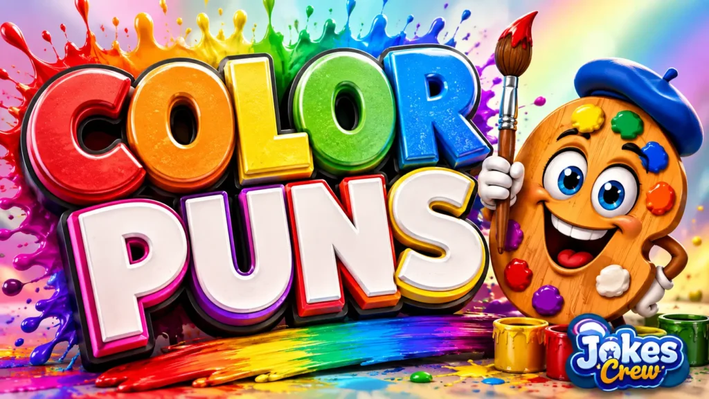 A vibrant featured image for Jokes Crew featuring large 3D text "color puns" and a smiling paint palette mascot.