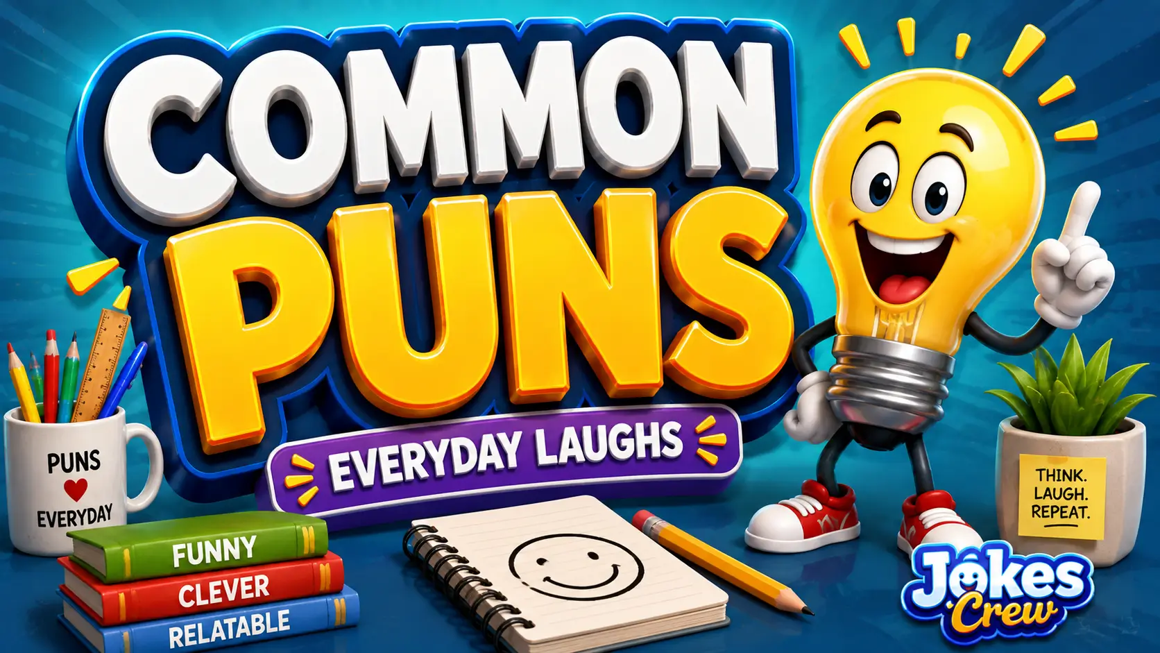 A vibrant featured image for Jokes Crew featuring large 3D text "COMMON PUNS" and a cheerful lightbulb mascot.