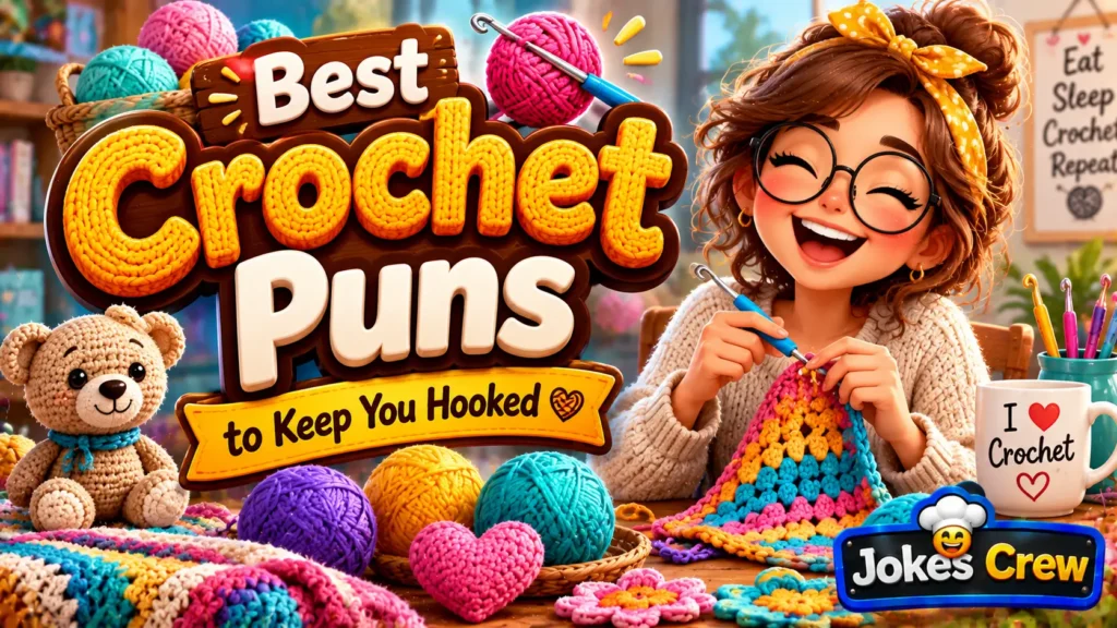 crochet Puns thumbnail with bold 3D typography, colorful yarn, crochet hooks, and Jokes Crew watermark.