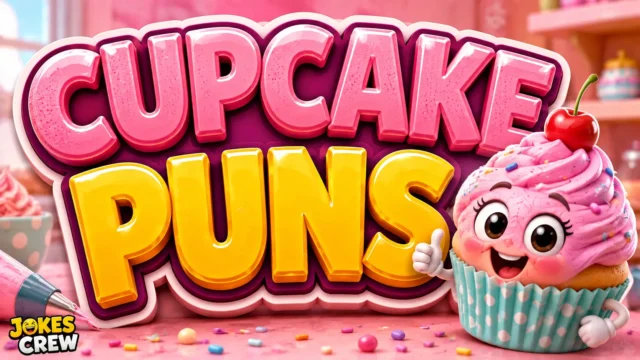 Colorful cupcake mascot with bold Cupcake Puns lettering