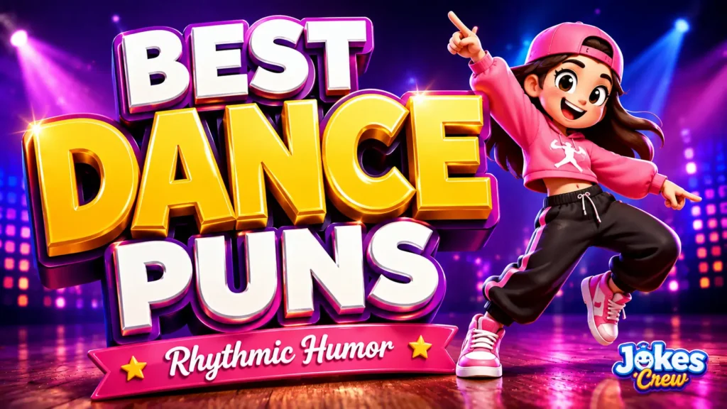 A vibrant featured image for Jokes Crew featuring 3D text "Dance Puns" and a cheerful dancing star mascot.