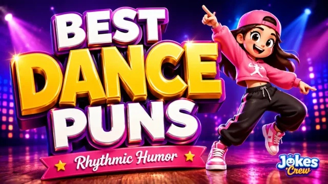 A vibrant featured image for Jokes Crew featuring 3D text "Dance Puns" and a cheerful dancing star mascot.