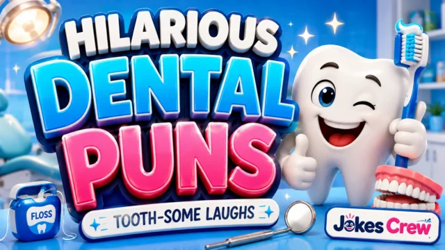A vibrant featured image for Jokes Crew featuring large 3D text "DENTAL PUNS" and a smiling tooth mascot.