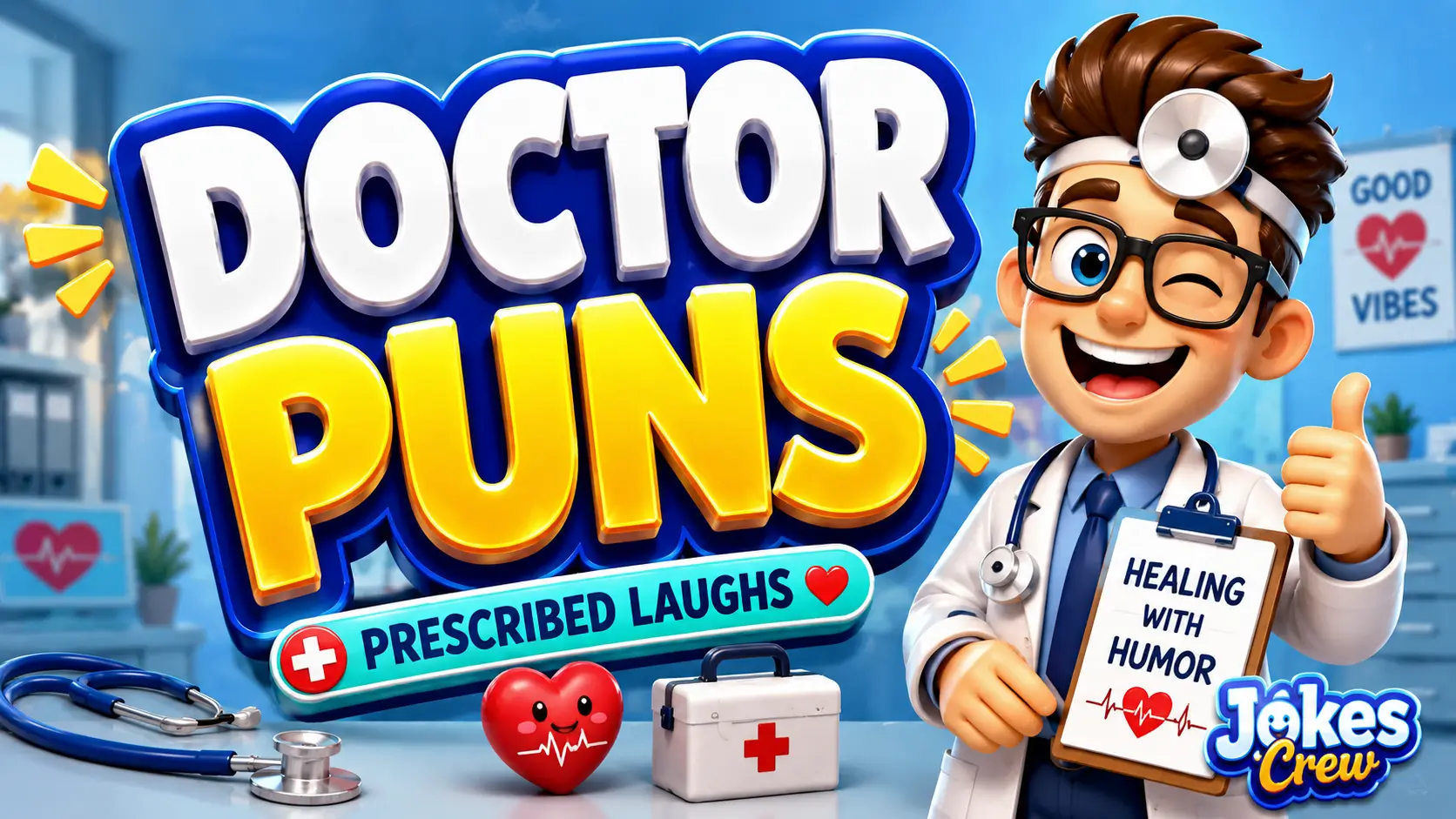 A vibrant featured image for Jokes Crew featuring large 3D text "DOCTOR PUNS" and a smiling doctor mascot.