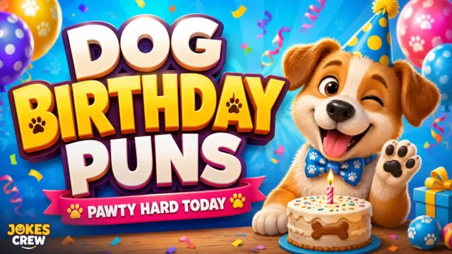 Colorful birthday puppy graphic featuring Dog Birthday Puns in bold 3D text