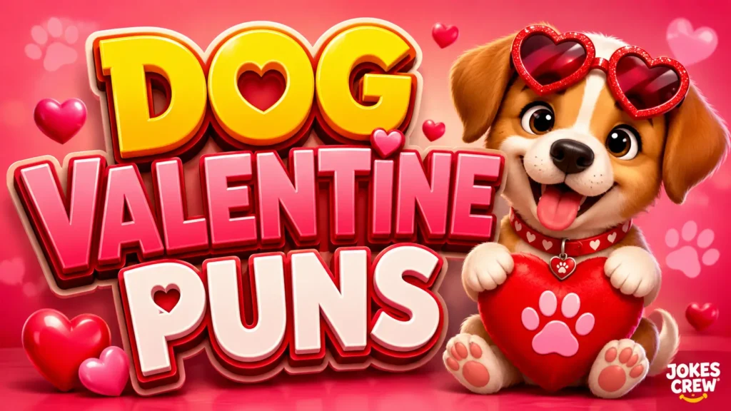 Dog Valentine Puns thumbnail featuring a cute puppy with hearts and glossy Valentine lettering