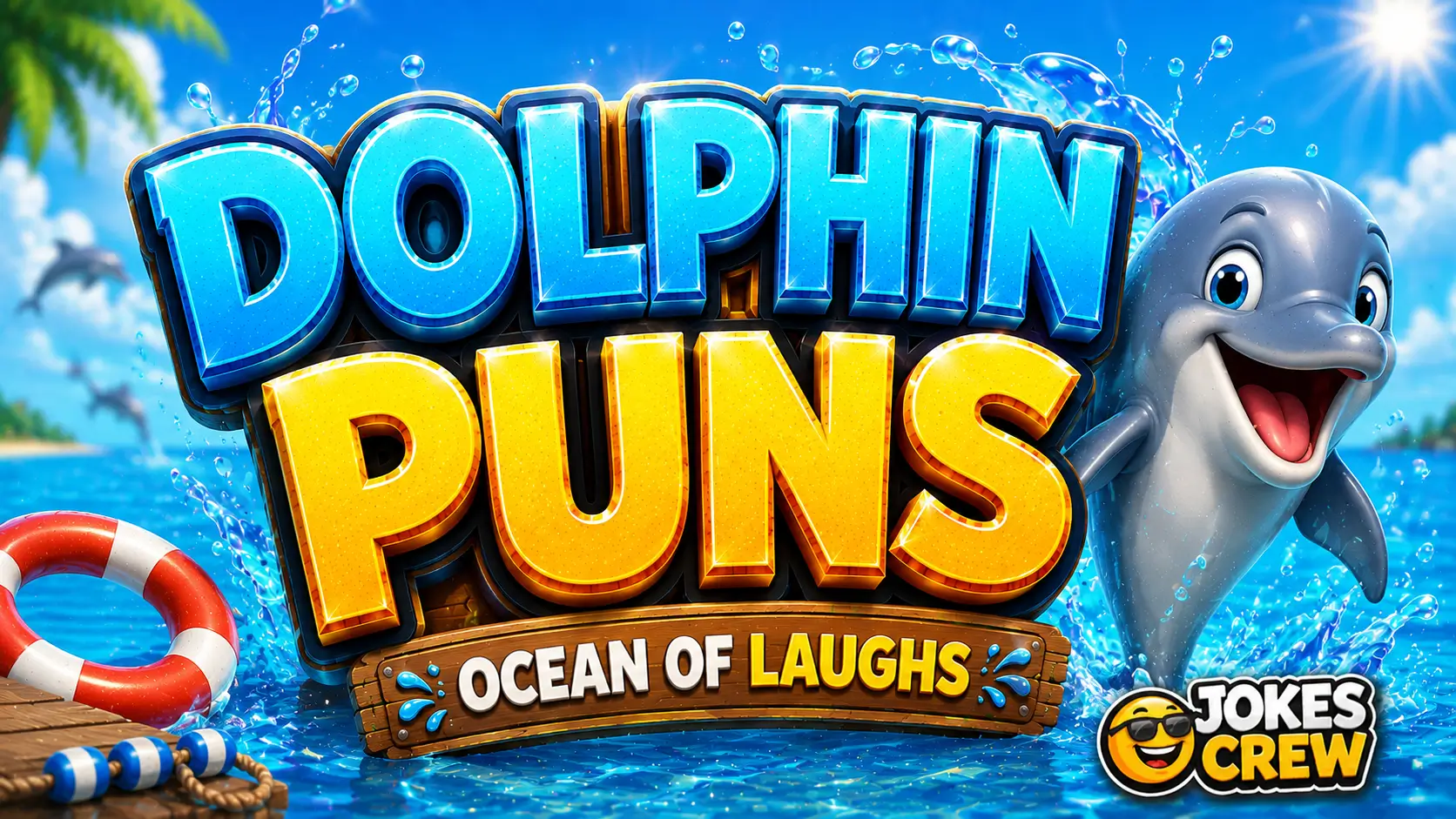 Dolphin puns featured image with a playful dolphin, ocean splashes, and colorful 3D lettering.