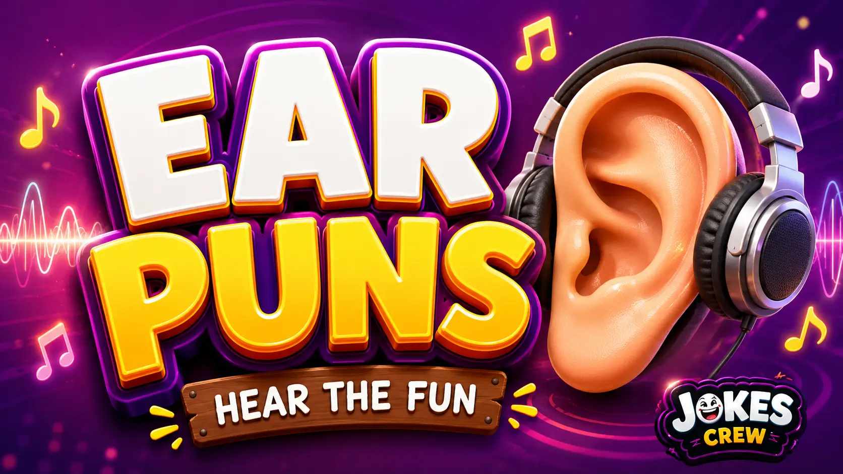 A vibrant featured image for Jokes Crew featuring large 3D text for ear puns and a smiling headphone-wearing ear mascot.
