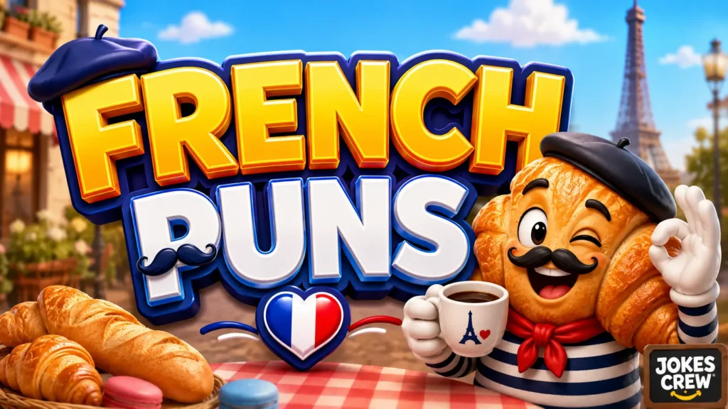 French Puns thumbnail with a cheerful croissant mascot and Paris café scene