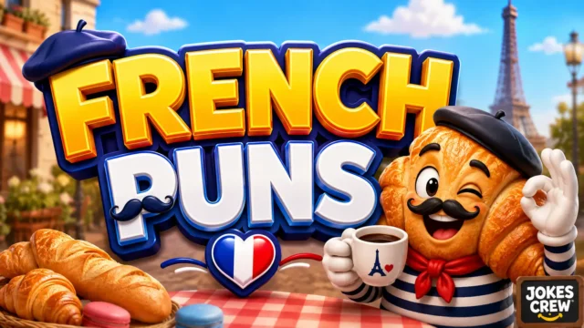 French Puns thumbnail with a cheerful croissant mascot and Paris café scene