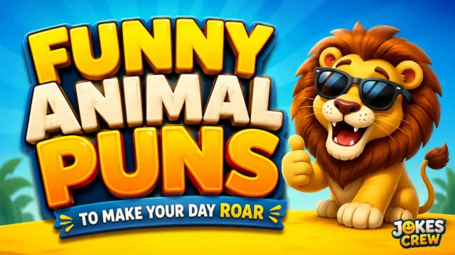 Funny Animal Puns thumbnail with a cheerful cartoon lion and bold 3D lettering