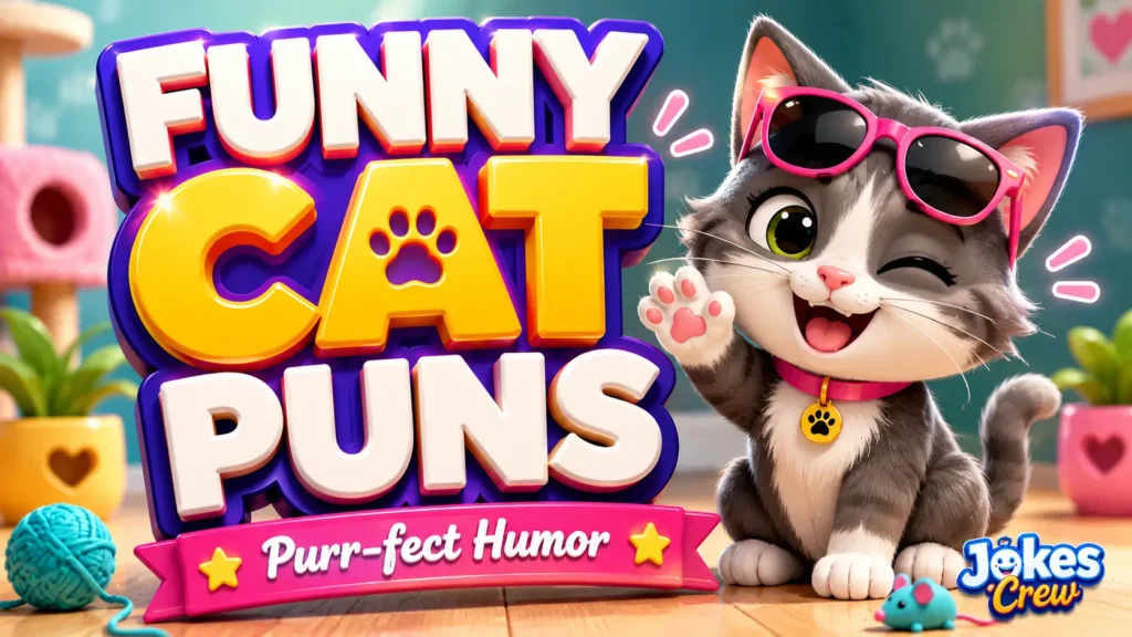 A vibrant featured image for Jokes Crew featuring 3D text "funny cat puns" and a smiling tabby cat mascot.