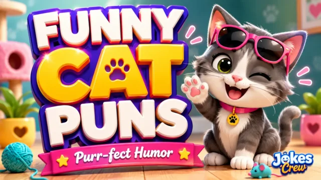 A vibrant featured image for Jokes Crew featuring 3D text "funny cat puns" and a smiling tabby cat mascot.