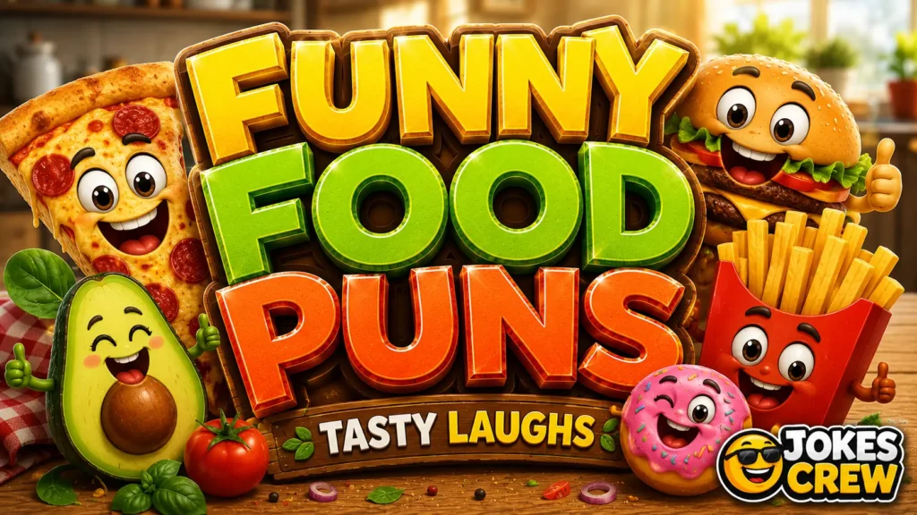 Funny food puns featured image with colorful cartoon food characters and bold 3D lettering