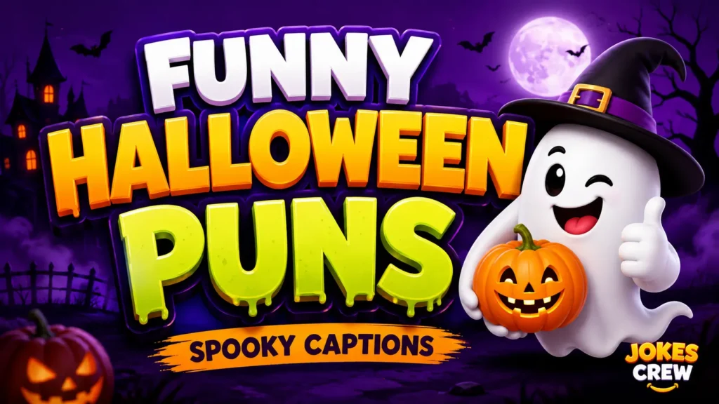 Funny halloween puns featured image with a cheerful ghost, pumpkin, and bold Halloween typography