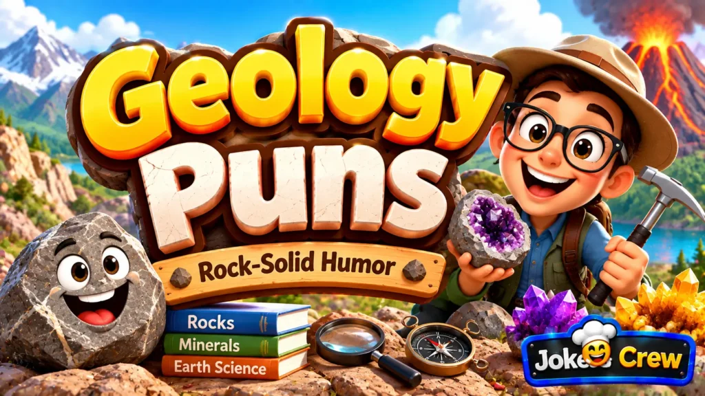 geology Puns thumbnail with bold 3D rock typography, geologist mascot, crystals, volcano, and Jokes Crew watermark.