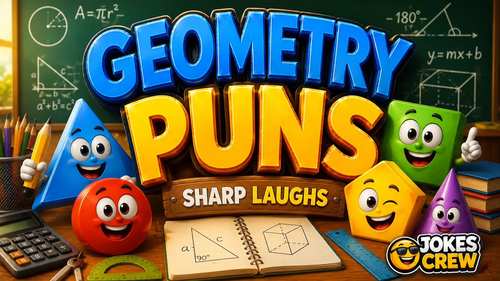 Geometry puns featured image with colorful geometric characters and bold 3D typography