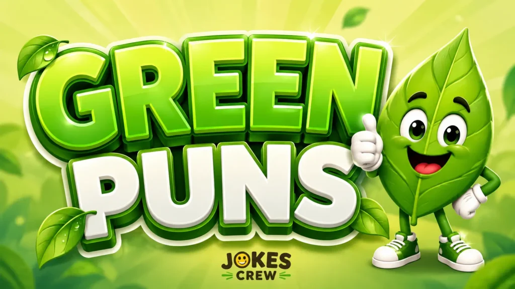 Green Puns featured image with glossy 3D green lettering and a cheerful leaf mascot
