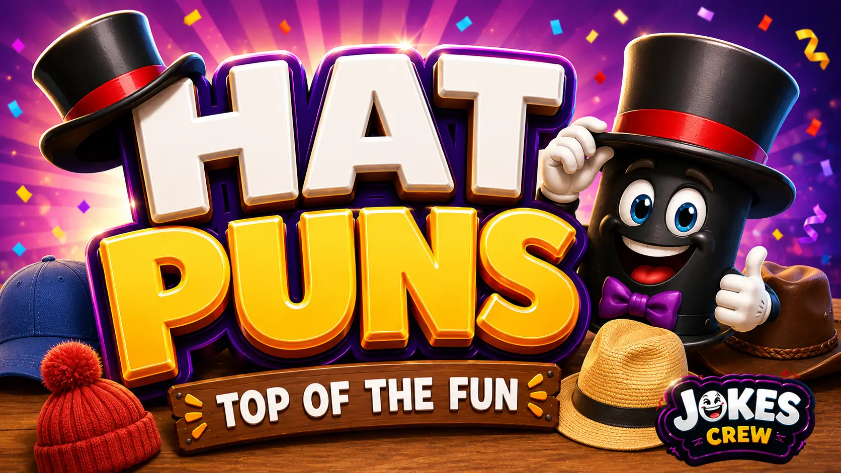 A vibrant featured image for Jokes Crew featuring large 3D text for hat puns and a smiling hat mascot.