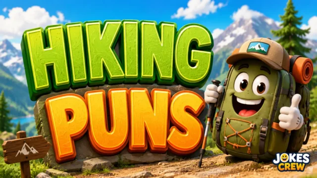 Hiking Puns featured image with bold 3D lettering, mountains, and a cheerful backpack mascot