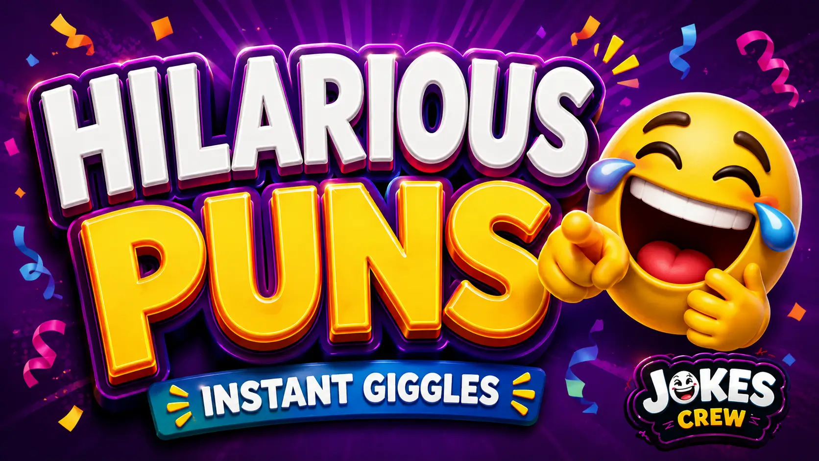 A vibrant featured image for Jokes Crew featuring large 3D text for hilarious puns and a smiling mascot.