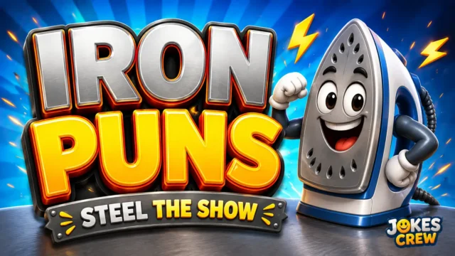 Iron Puns thumbnail with a cheerful cartoon iron and bold 3D lettering