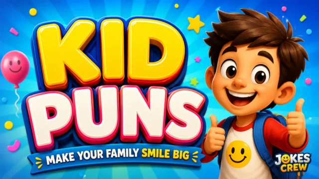 Kid Puns thumbnail with a cheerful cartoon child, balloons, and bold 3D lettering
