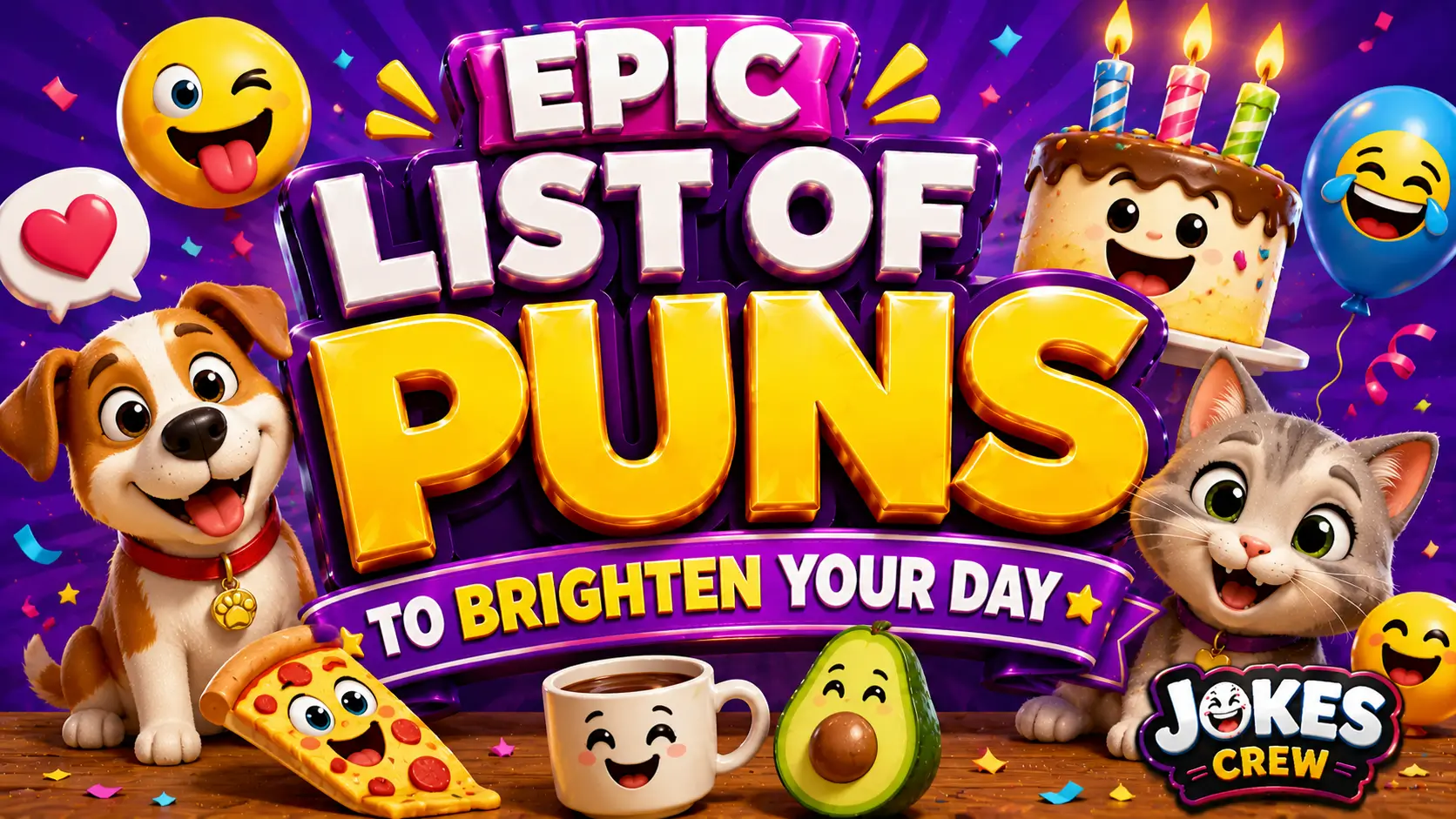 A vibrant featured image for Jokes Crew featuring large 3D text "list of puns" and a smiling lightbulb mascot.