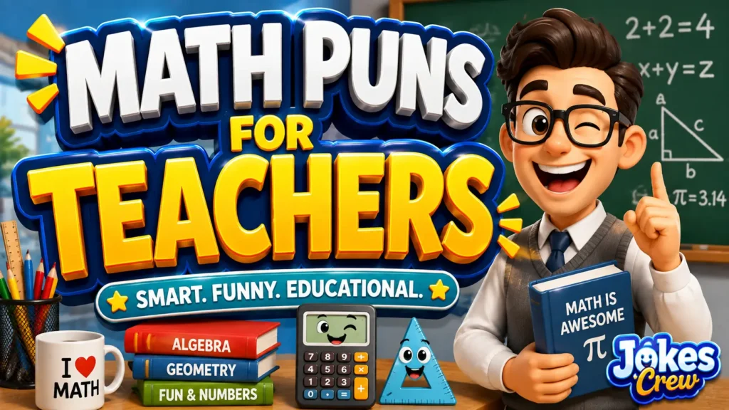 A vibrant featured image for Jokes Crew featuring large 3D text "MATH PUNS FOR TEACHERS" and a cheerful animated math mascot.