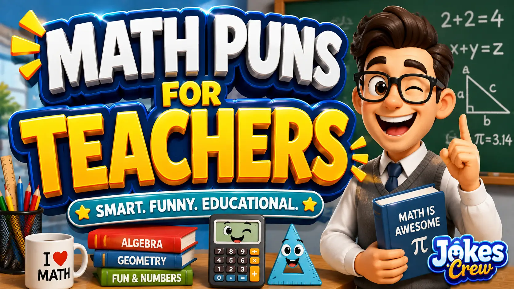 A vibrant featured image for Jokes Crew featuring large 3D text "MATH PUNS FOR TEACHERS" and a cheerful animated math mascot.