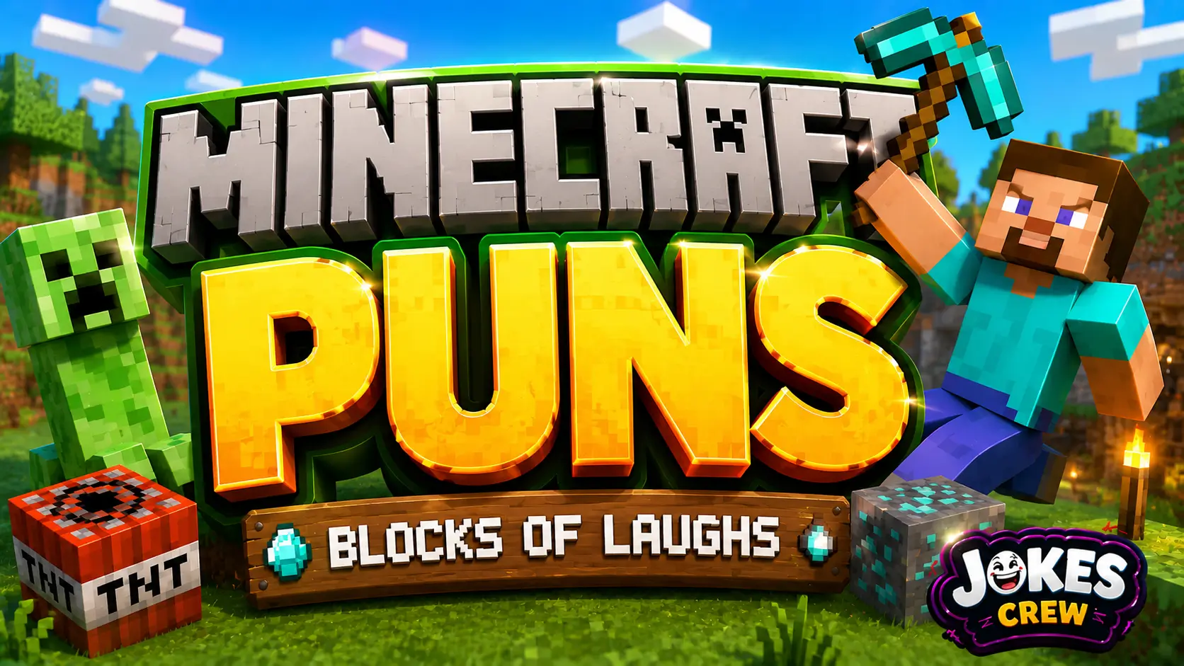 A vibrant featured image for Jokes Crew featuring large 3D text for minecraft puns and a smiling block mascot.