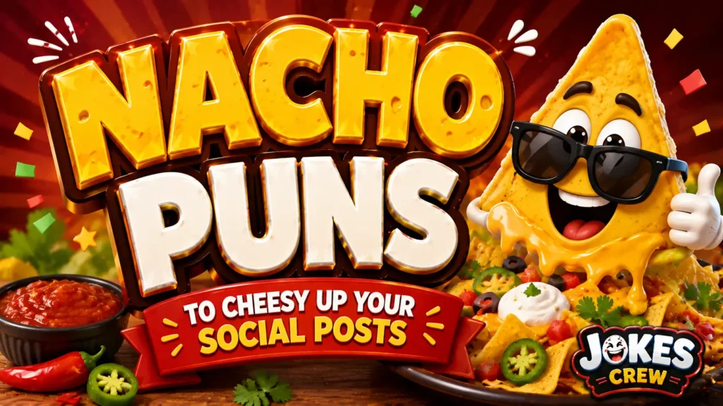 A vibrant featured image for Jokes Crew featuring large 3D text "nacho puns" and a smiling tortilla chip mascot.