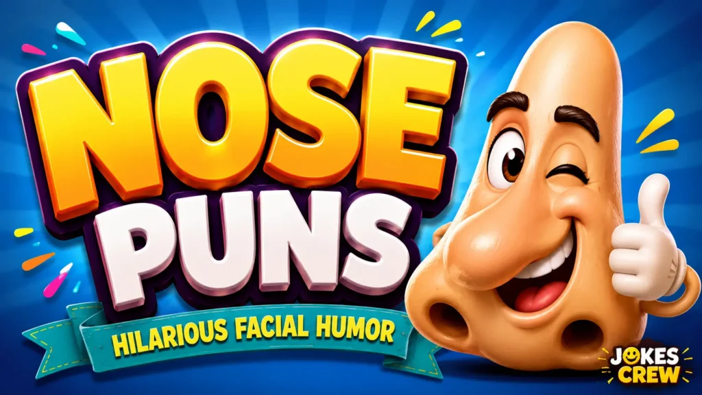 Cheerful 3D nose mascot with bold nose puns typography