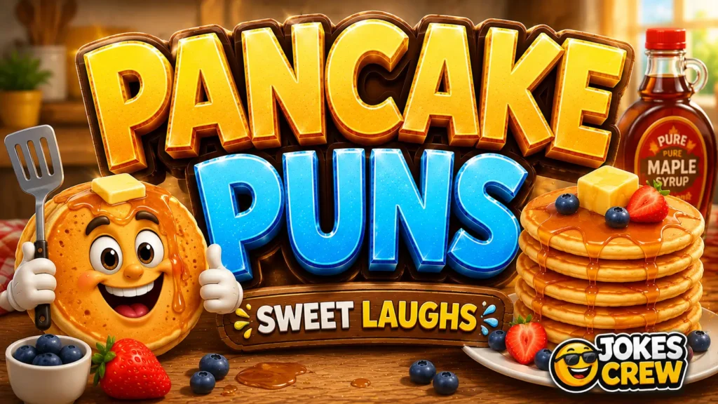 Pancake puns featured image with a cheerful pancake mascot and colorful 3D typography