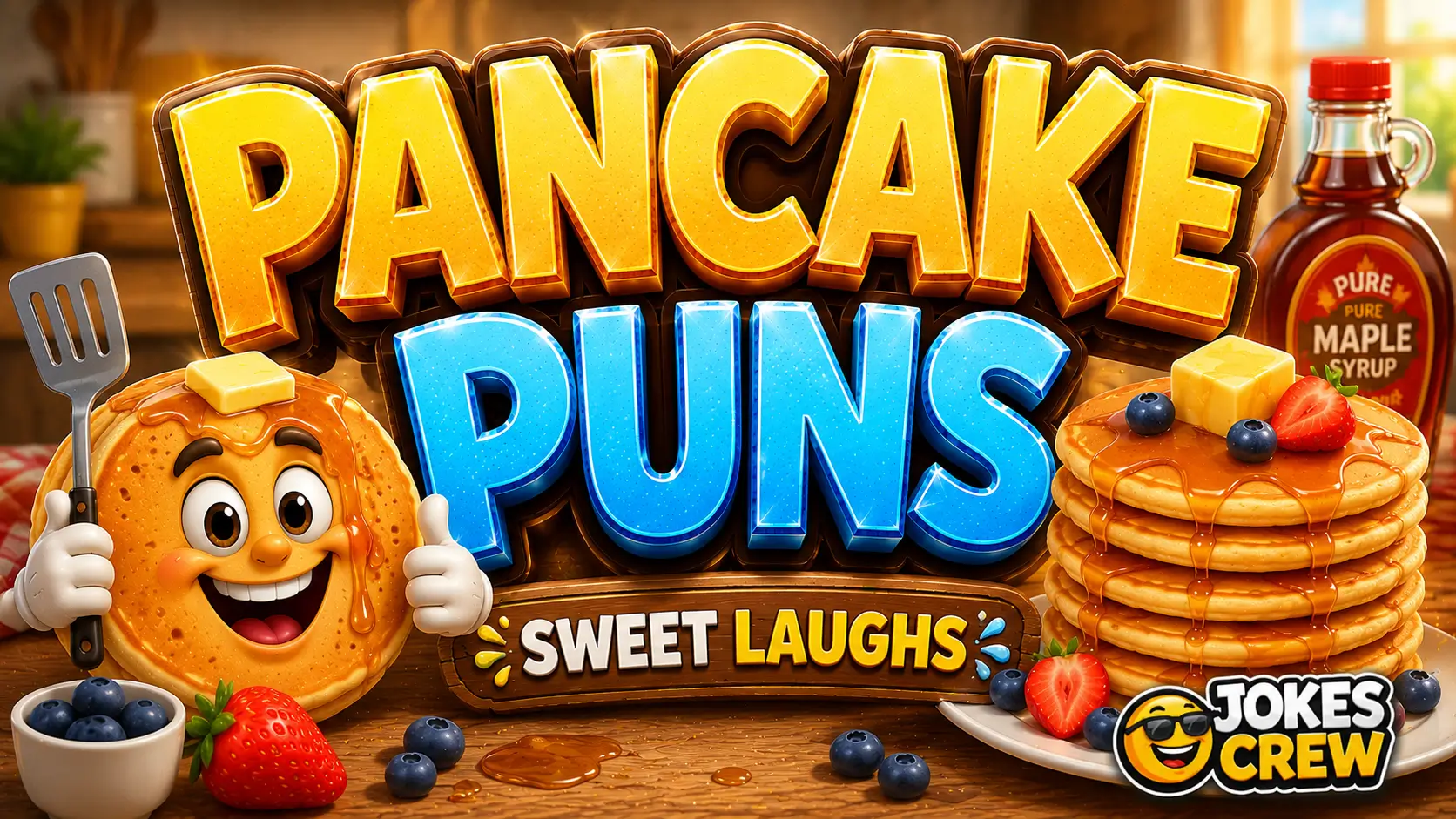 Pancake puns featured image with a cheerful pancake mascot and colorful 3D typography