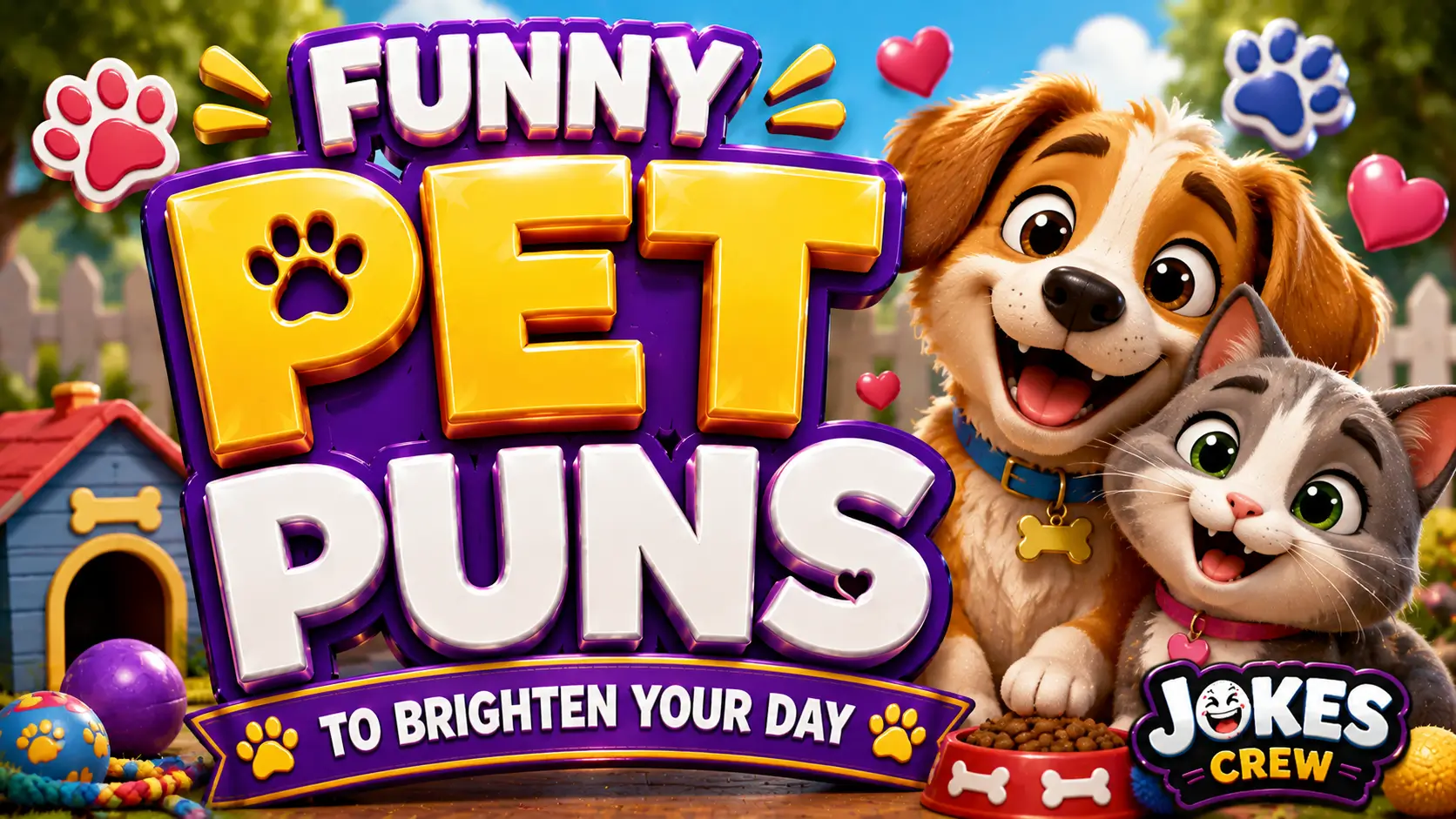A vibrant featured image for Jokes Crew featuring large 3D text "pet puns" and smiling dog and cat mascots.