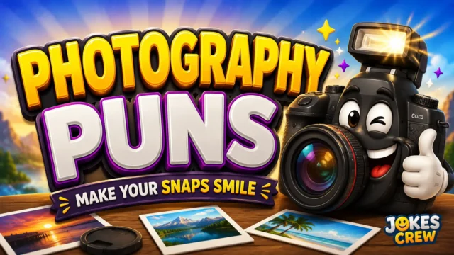 Photography Puns thumbnail with a cheerful cartoon camera and bold 3D lettering