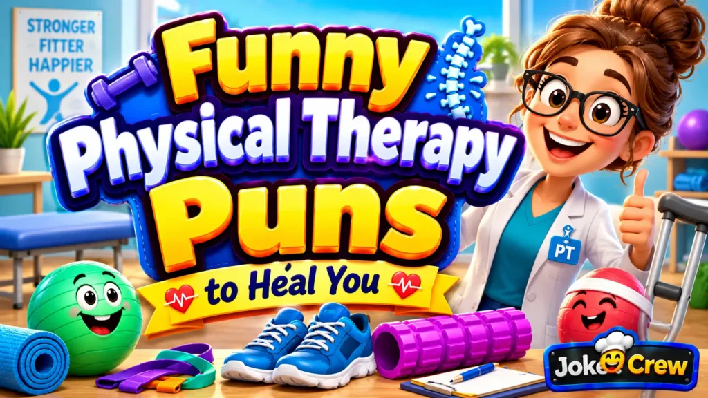 physical therapy Puns thumbnail with bold 3D text, therapist mascot, exercise gear, and Jokes Crew watermark.